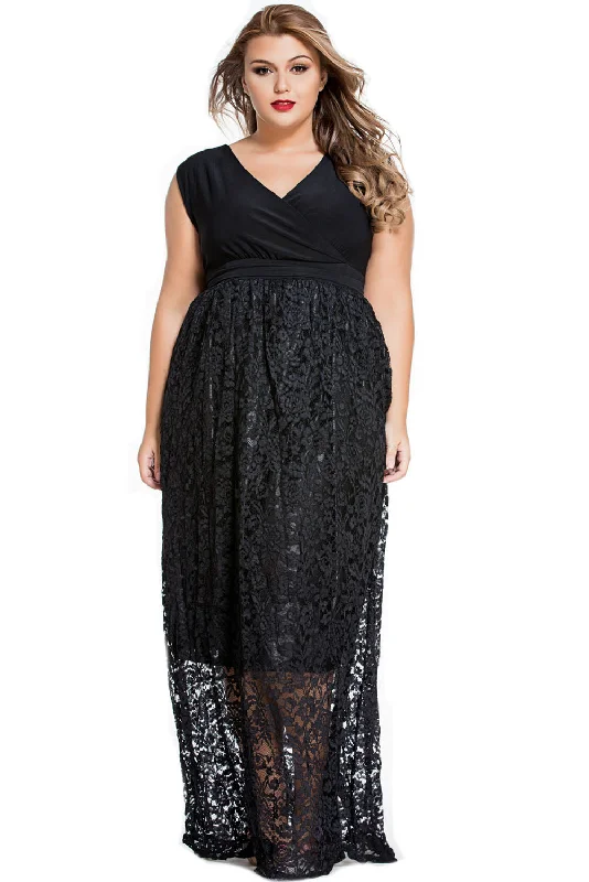 Sexy V Neck Floral Lace Maxi Skirt Plus Dress