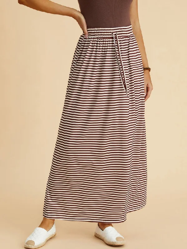 Casual Striped Elastic Waist Flared Long Skirt with Side Pockets  QS109