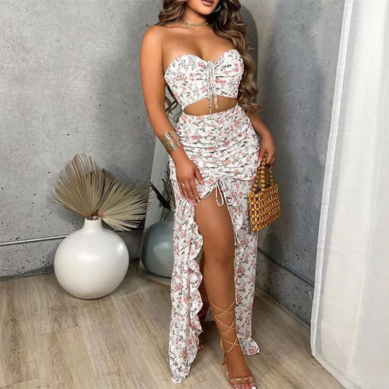 Summer Floral Boho Tube Top & Maxi Skirt Set -  2 piece set