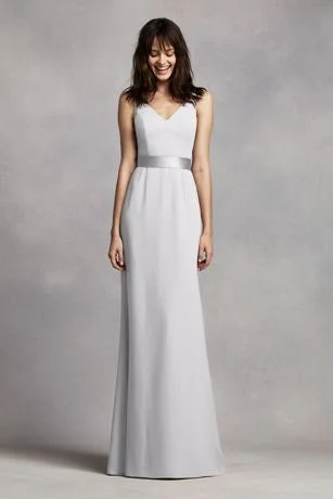 Vera Wang White Long V Neck Crepe Gown with Open Back