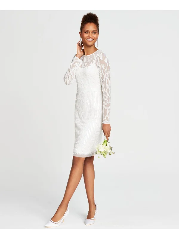 ADRIANNA PAPELL Womens White Beaded Sequined Zippered Printed Long Sleeve Illusion Neckline Above The Knee Formal Sheath Dress