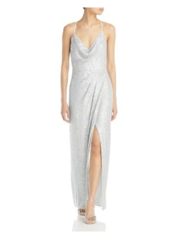 AIDAN AIDAN MATTOX Womens Silver Sequined Zippered High Slit Lined Column Spaghetti Strap V Neck Full-Length Evening Gown Dress