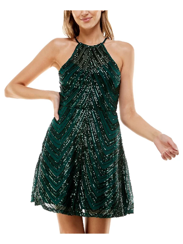 B DARLIN Womens Green Sequined Zippered Lined Strappy Open Back Sheer Sleeveless Halter Short Party Fit + Flare Dress