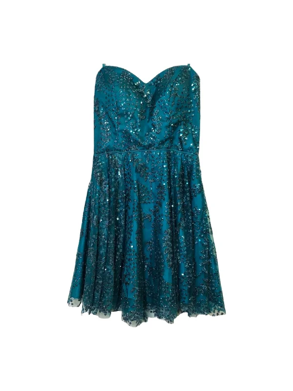 BLONDIE NITES Womens Teal Sequined Glitter Lined Adjustable Zippered Sleeveless Round Neck Short Party Fit + Flare Dress