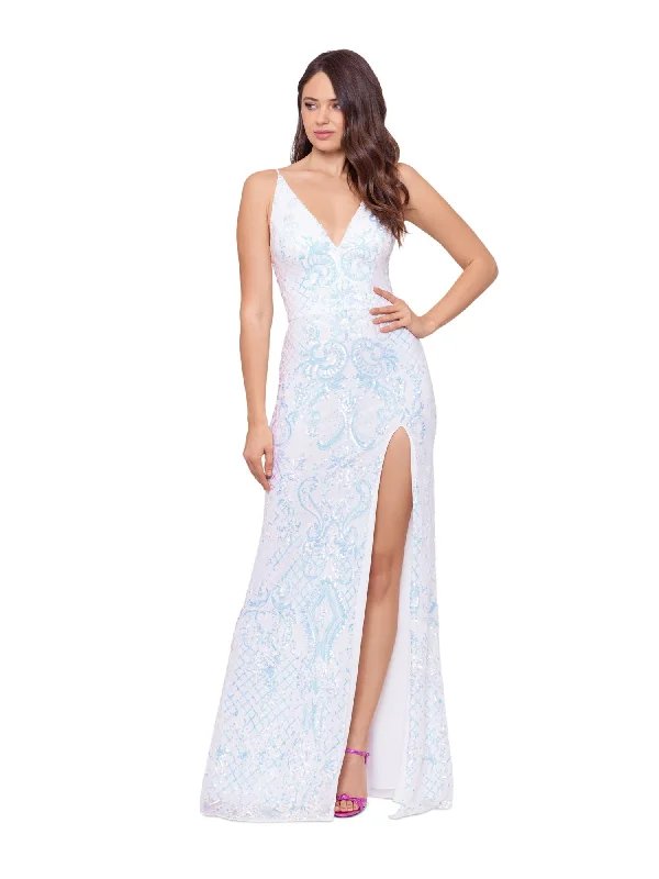 BLONDIE NITES Womens White Sequined Zippered Lined Slit Padded V Back Floral Spaghetti Strap V Neck Full-Length Formal Gown Dress