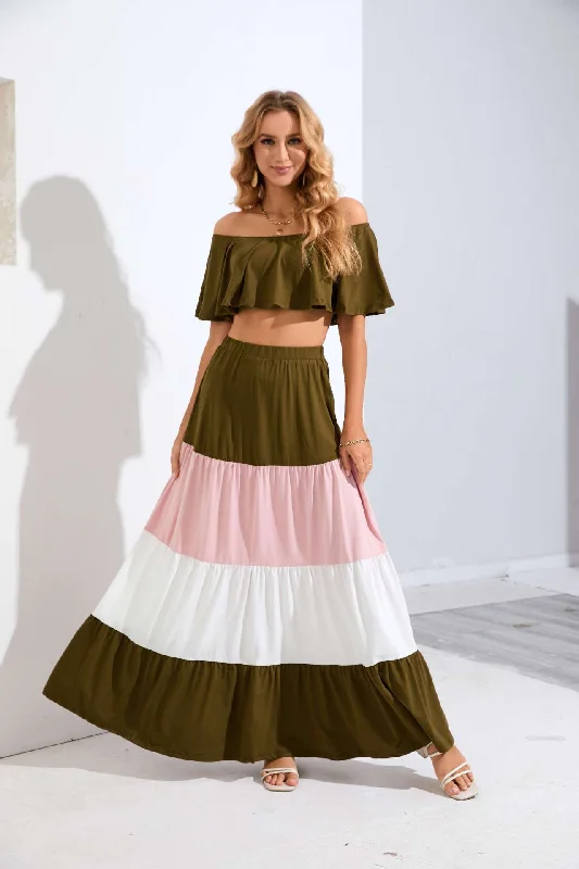 Contrast Flounce Crop Top and Maxi Skirt Set