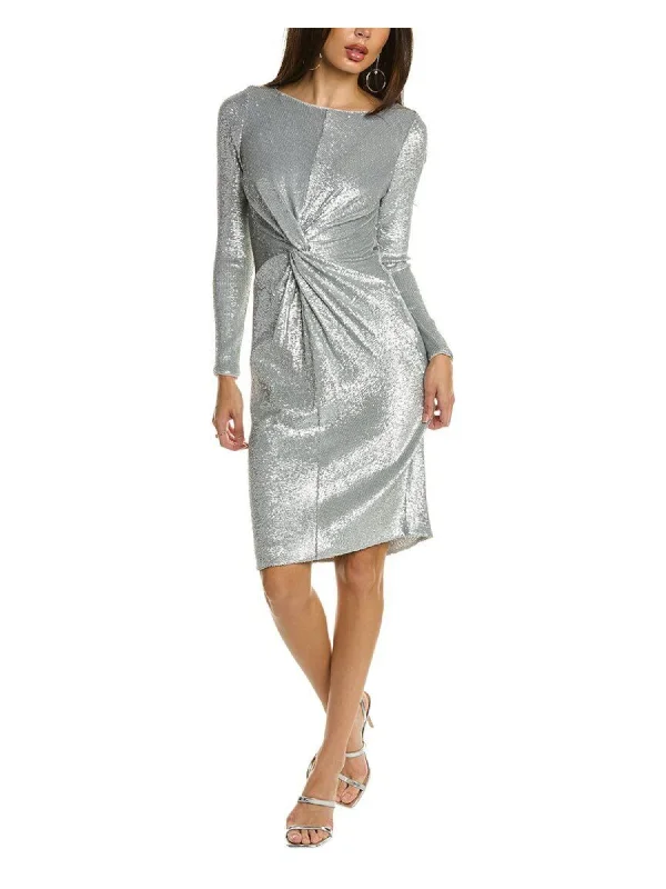 DONNA KARAN NEW YORK Womens Silver Sequined Gathered Lined Long Sleeve Round Neck Knee Length Evening Sheath Dress