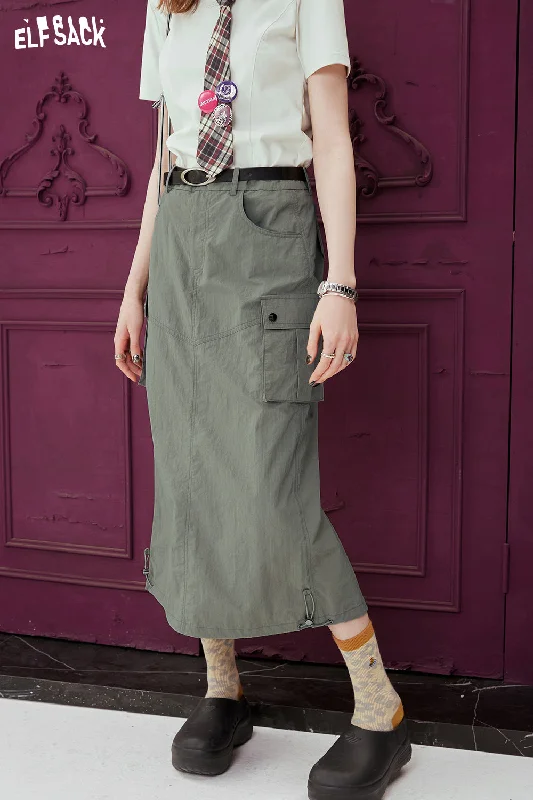 ELFSACK [Free Belt] Straight Work Dress Half Skirt for Women 2024 Spring New Versatile High Waist Long Skirt