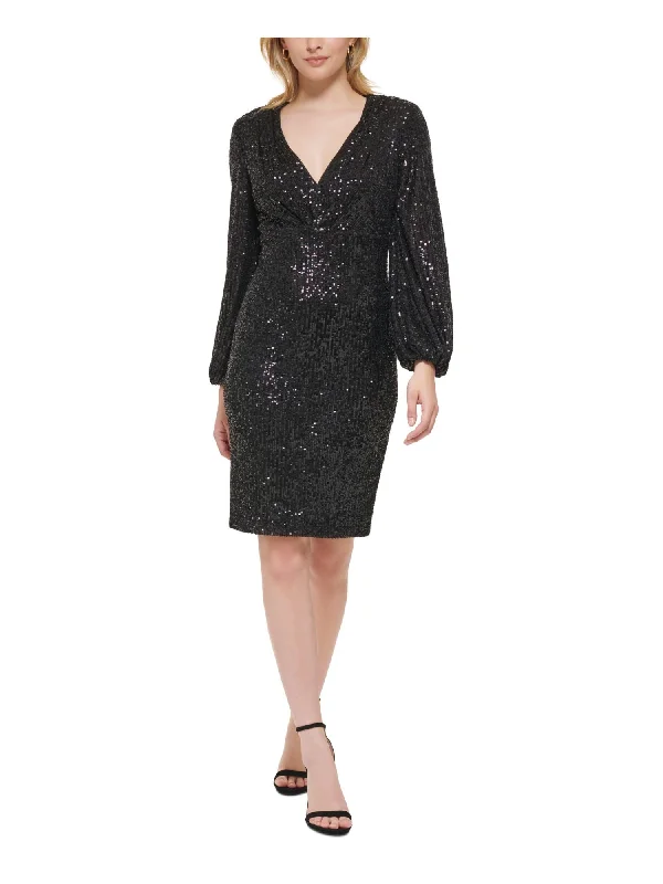 ELIZA J Womens Black Sequined Zippered Shoulder Pads Lined Pleated Blouson Sleeve V Neck Above The Knee Cocktail Sheath Dress