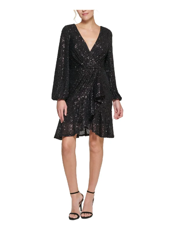 ELIZA J Womens Black Stretch Sequined Zippered Gathered Ruffled Long Sleeve Surplice Neckline Above The Knee Party Faux Wrap Dress