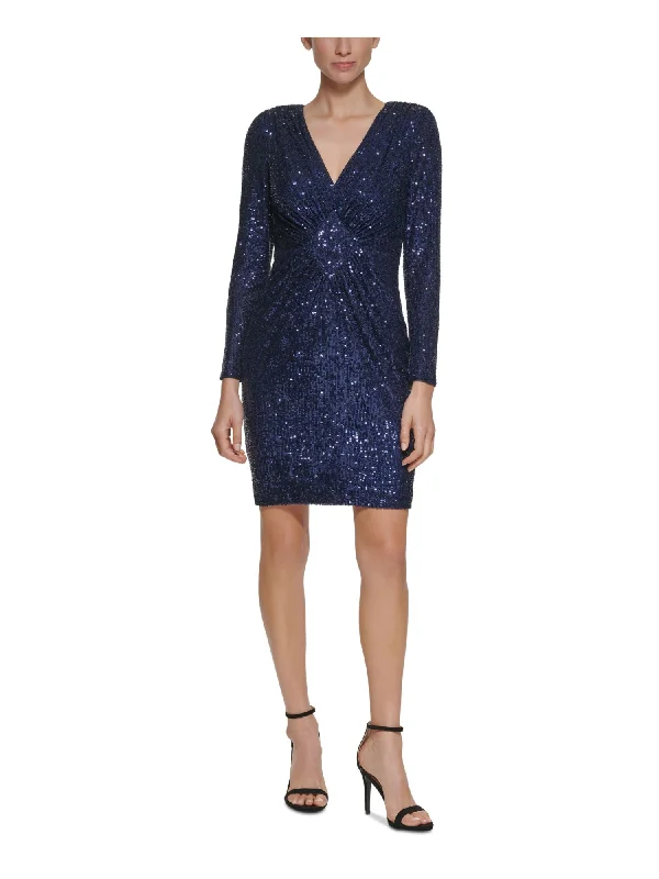 ELIZA J Womens Navy Sequined Zippered Lined Long Sleeve V Neck Above The Knee Evening Sheath Dress