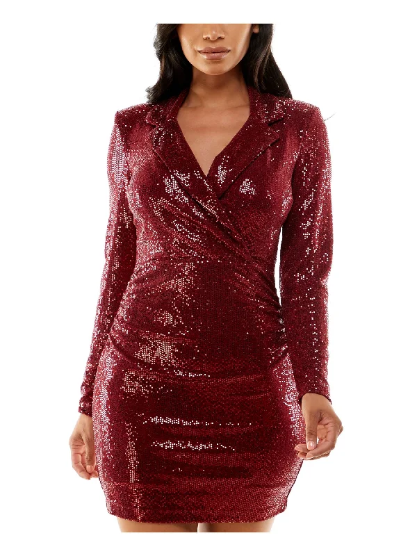 EMERALD SUNDAE Womens Maroon Sequined Zippered Lined Long Sleeve Surplice Neckline Short Party Body Con Dress