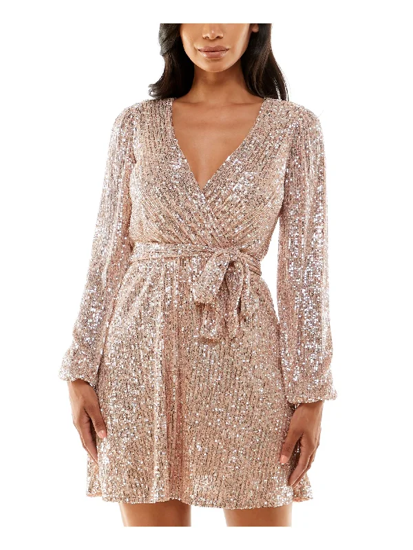 EMERALD SUNDAE Womens Pink Sequined Lined Pullover Tie Belt Long Sleeve Surplice Neckline Short Evening Fit + Flare Dress