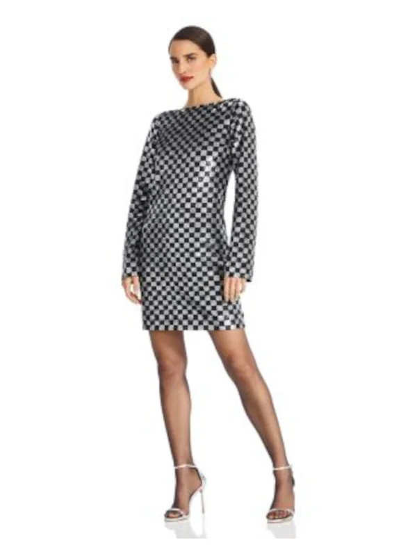 MICHAEL KORS Womens Black Sequined Zippered Lined Check Long Sleeve Boat Neck Above The Knee Cocktail Sheath Dress