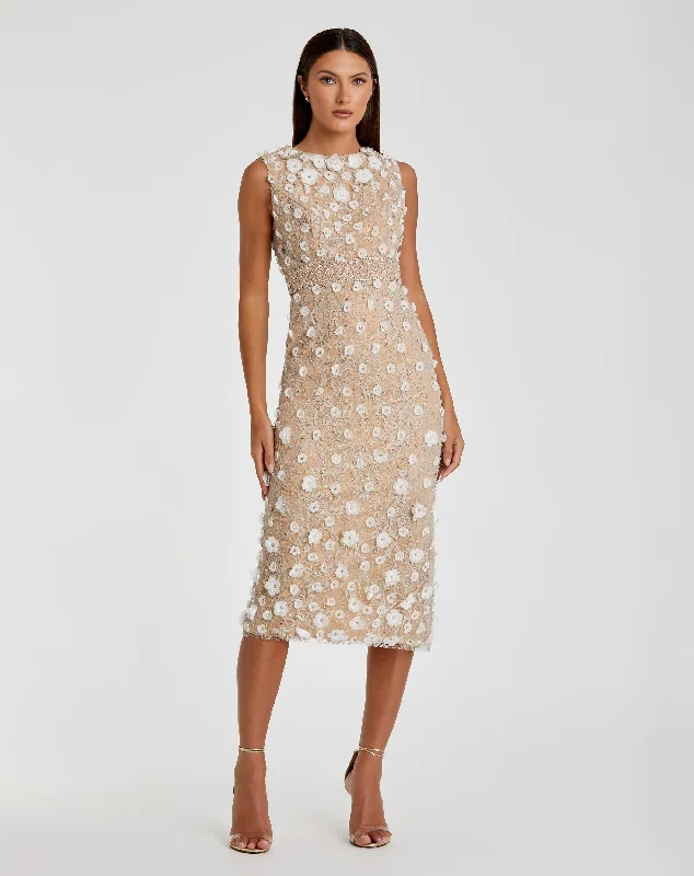 Beige Floral Applique Sleeveless Midi Dress