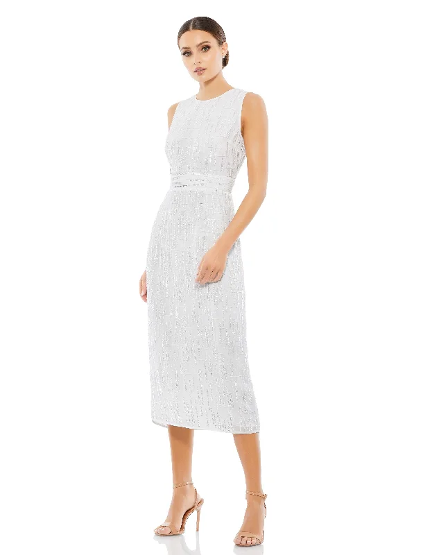 Abstract Beaded Sleeveless Midi Sheath Dress (Rue Gilt) - White