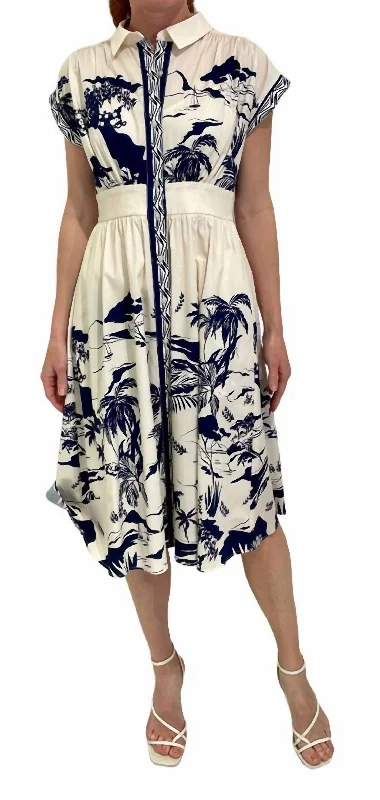 Belted Embroidered Midi Dress In Cream Navy