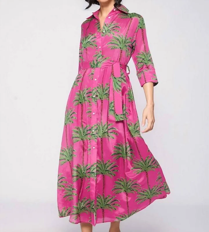 Natalia Palm Midi Dress In Pink Multi