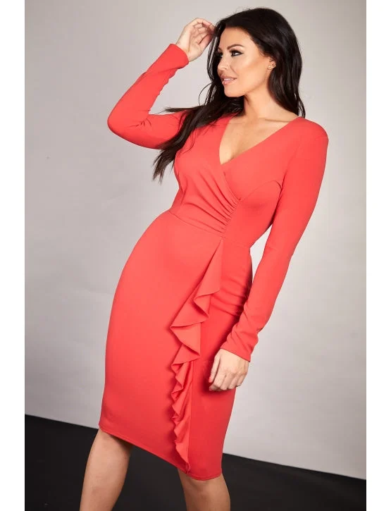 Red Long Sleeve Wrap Bodycon Midi Dress