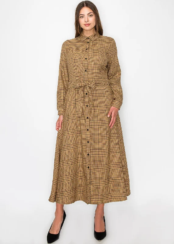 Camel Plaid Shirt Dress with Belt