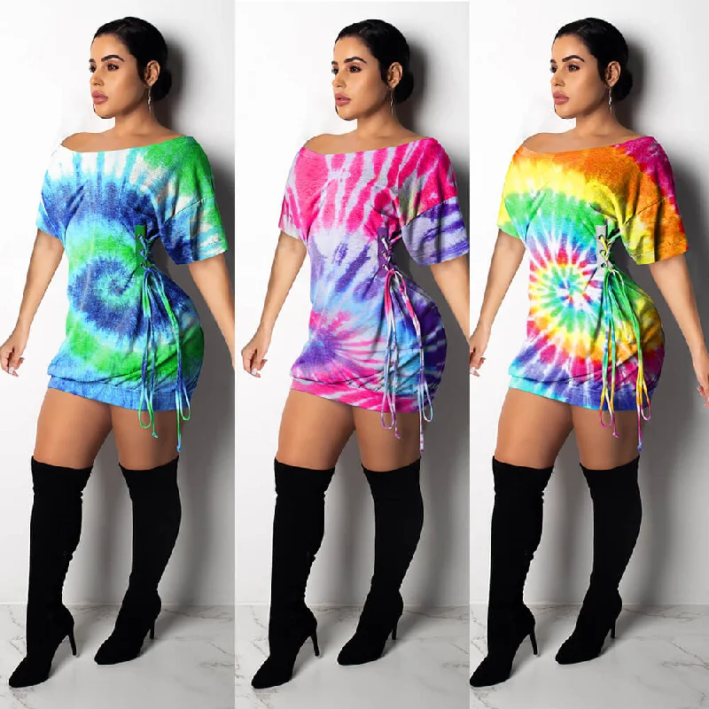 Multicolor Lace Up T Shirt Short Dress