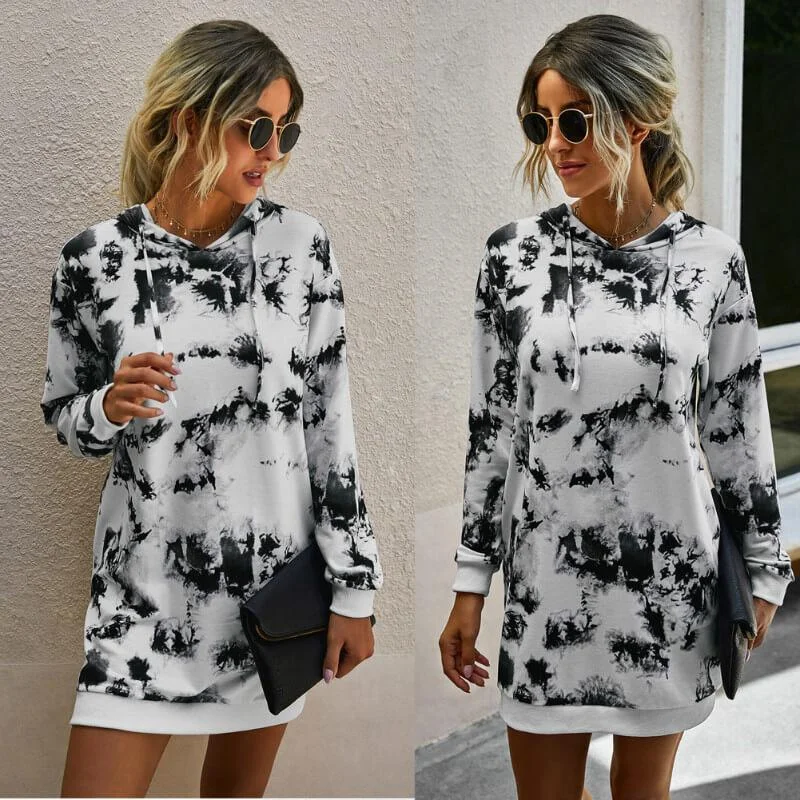 Printed Hooded Sweatshirt Short Dress