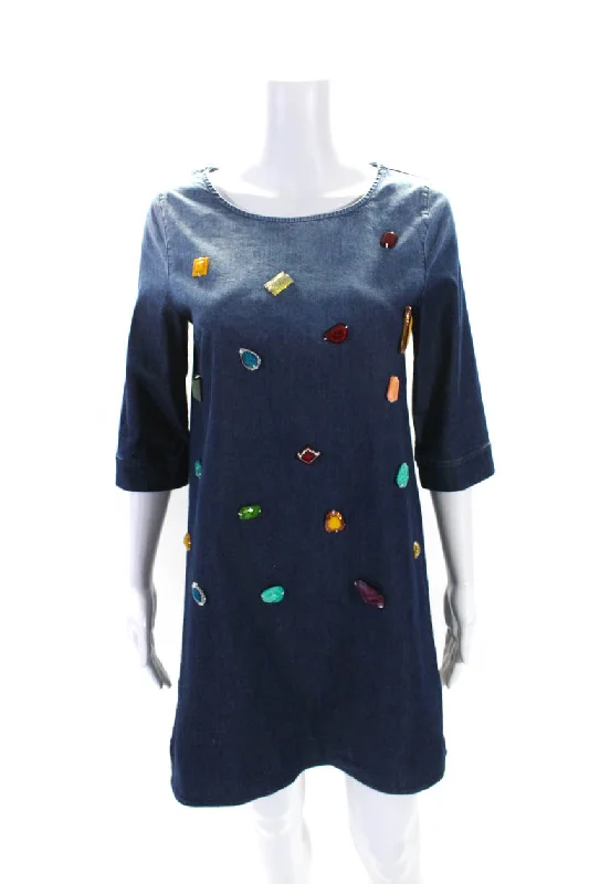 Stella McCartney Womens Blue Cotton Beaded Detail 3/4 Sleeve Shirt Dress