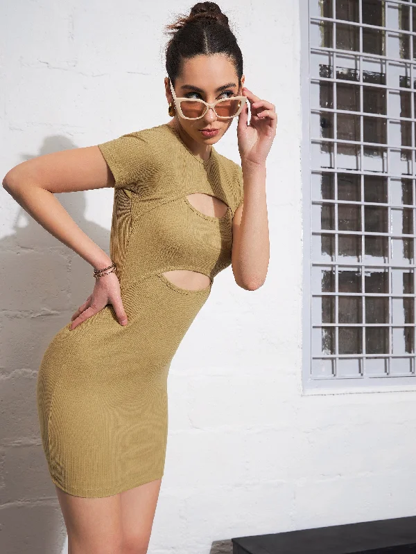 Women Khaki Rib Front Cut Out Bodycon Dress