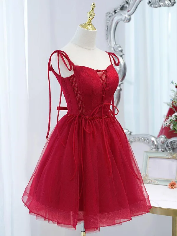 Burgundy tulle lace short prom dress, burgundy homecoming dress