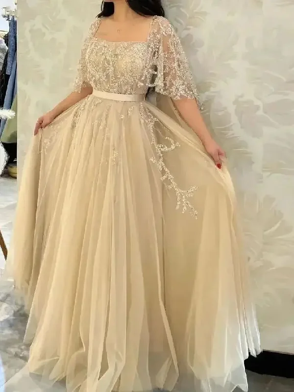 Champagne Tulle Appliques Lace Saudi Arabia Square Collar Prom Dresses Short Sleeves A-Line Formal Evening Gowns For Women