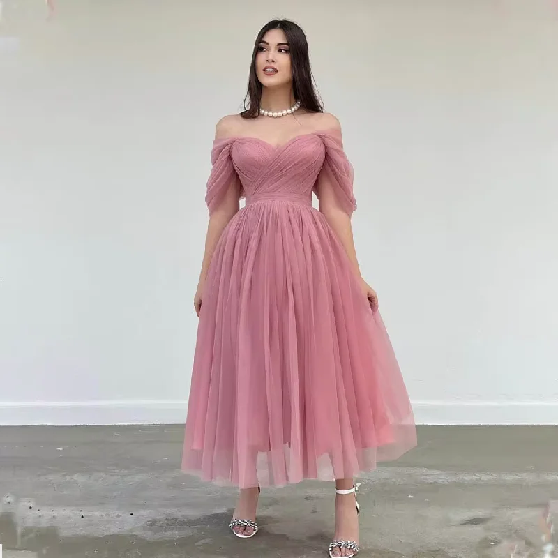 Dusty Pink Off The Shoulder Pleat Sweethart Tulle A Line Prom Dresses Custom Made Formal Bridal Grown 2024 Homecoming Wear