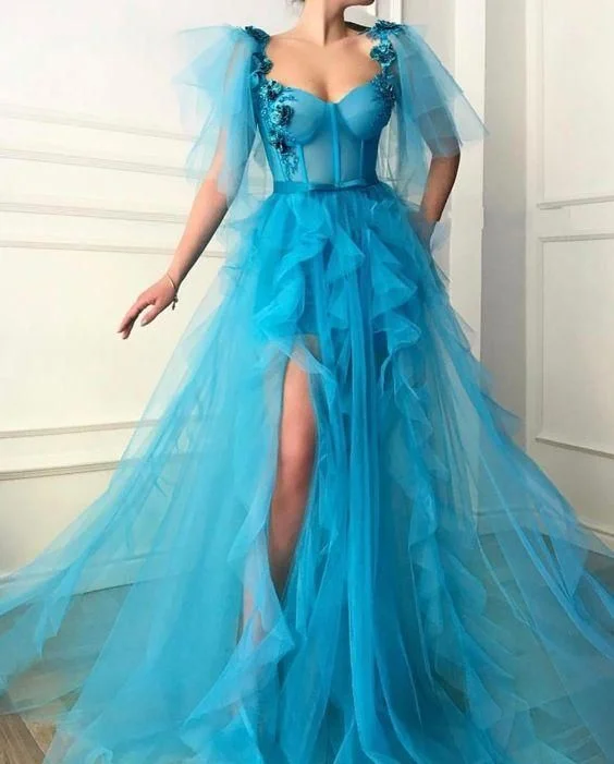 Flowers Ruffles Tulle High Slit Dubai Saudi Arabic Long Evening Gowns Prom Dress,DS4344