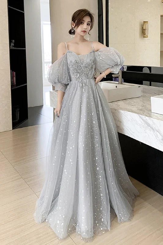 Grey tulle lace long prom dress,DS3031