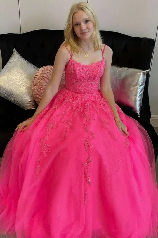 Hot Pink A Line Tulle Lace Appliques Long Prom Dresses, Formal Graduation Evening Dresses,DS4558