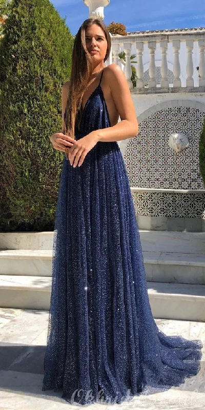 Navy A-Line Sparkly Deep V-Neck Backless Tulle Charming Prom Dress,DS4539