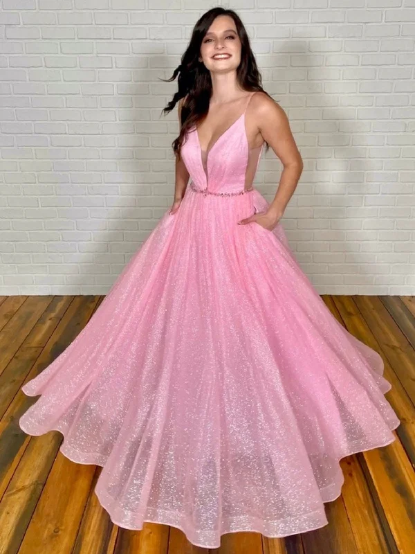 PINK V NECK TULLE LONG PROM DRESS, PINK TULLE FORMAL DRESS,F04745