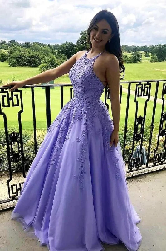 Purple tulle lace long oprom dress A line evening gown,DS3174