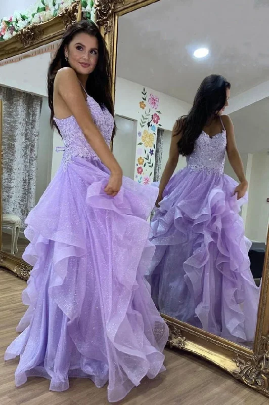 Purple tulle lace long prom dress A line evening gown ,DS4511