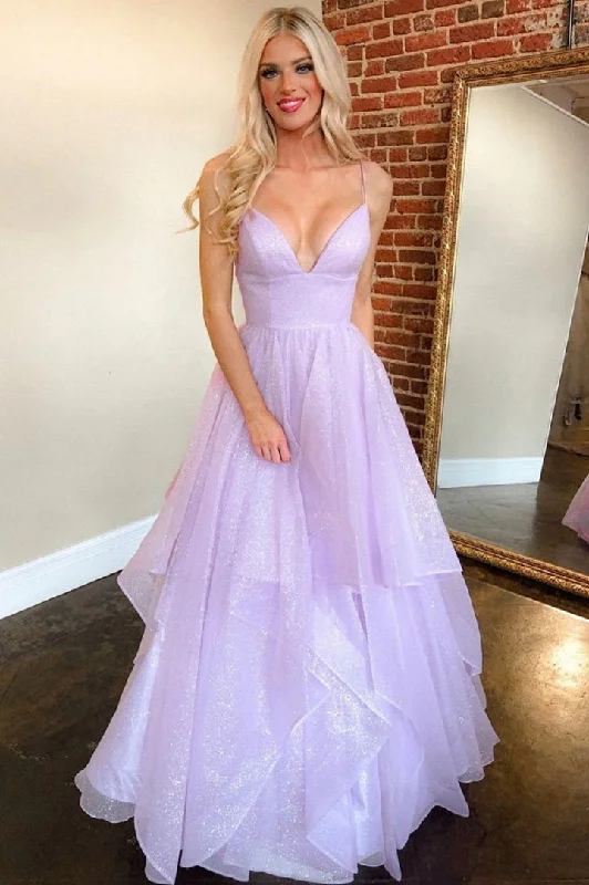 Purple tulle long prom dress A line evening gown,DS3855