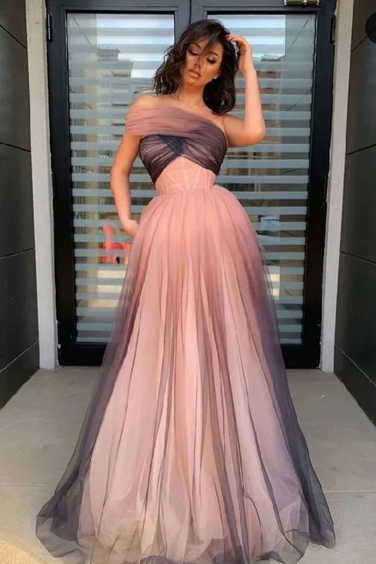 Tulle Floor Length Gradient One Shoulder Pleats Prom Dress,DS4195