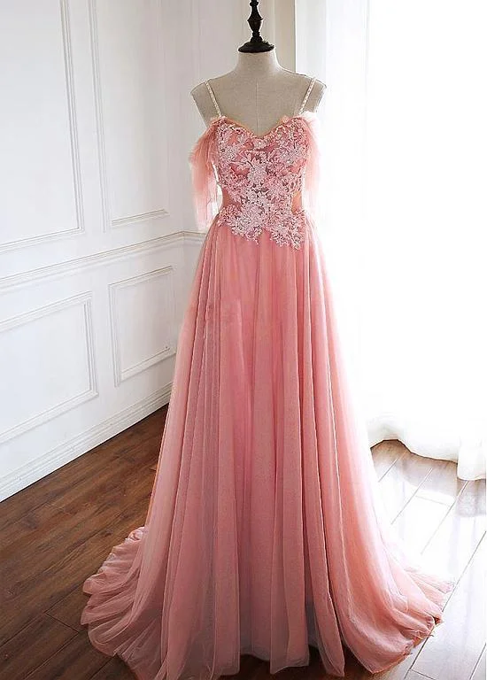 TULLE SPAGHETTI STRAPS 3D FLOWERS BEADING CORAL A-LINE PROM DRESS,DS2984