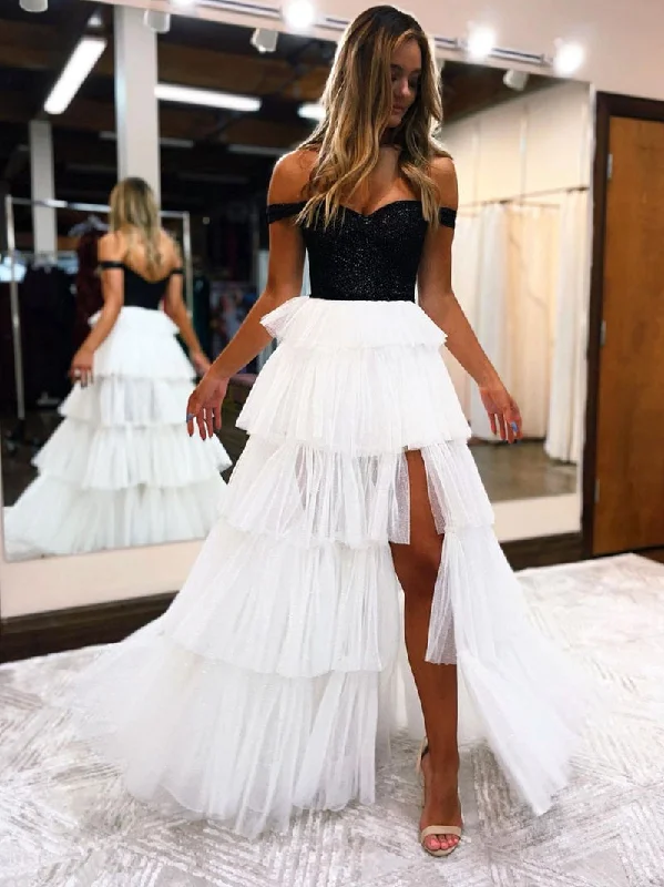 WHITE A LINE TULLE OFF SHOULDER LONG PROM DRESS, WHITE TULLE FORMAL DRESS,F04758